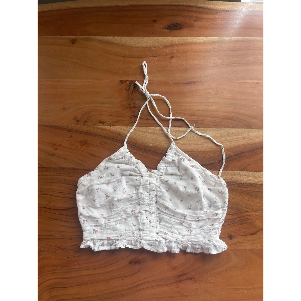 American Eagle Floral Halter Crop Top White Ruched Smocked Ruffle S Small